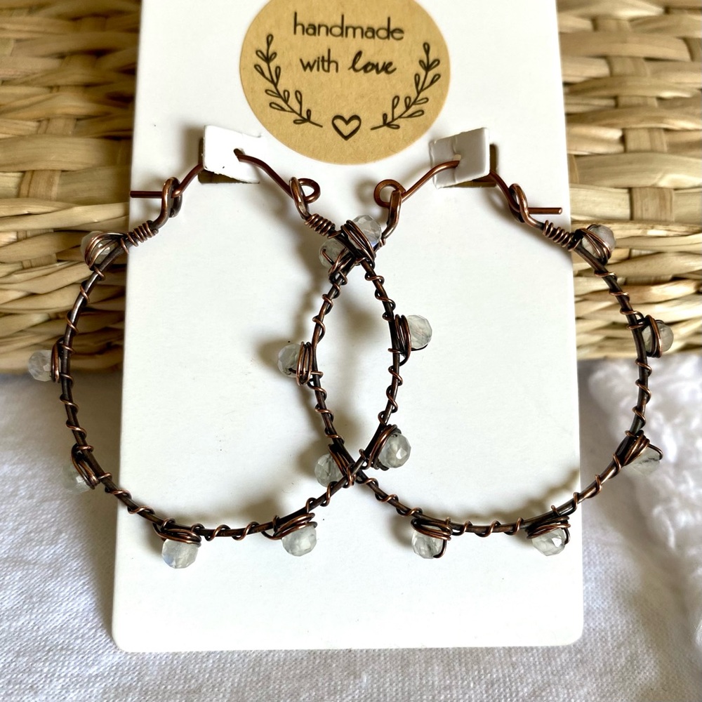 Handcrafted Moonstone + Hammered Copper Hoop Earrings